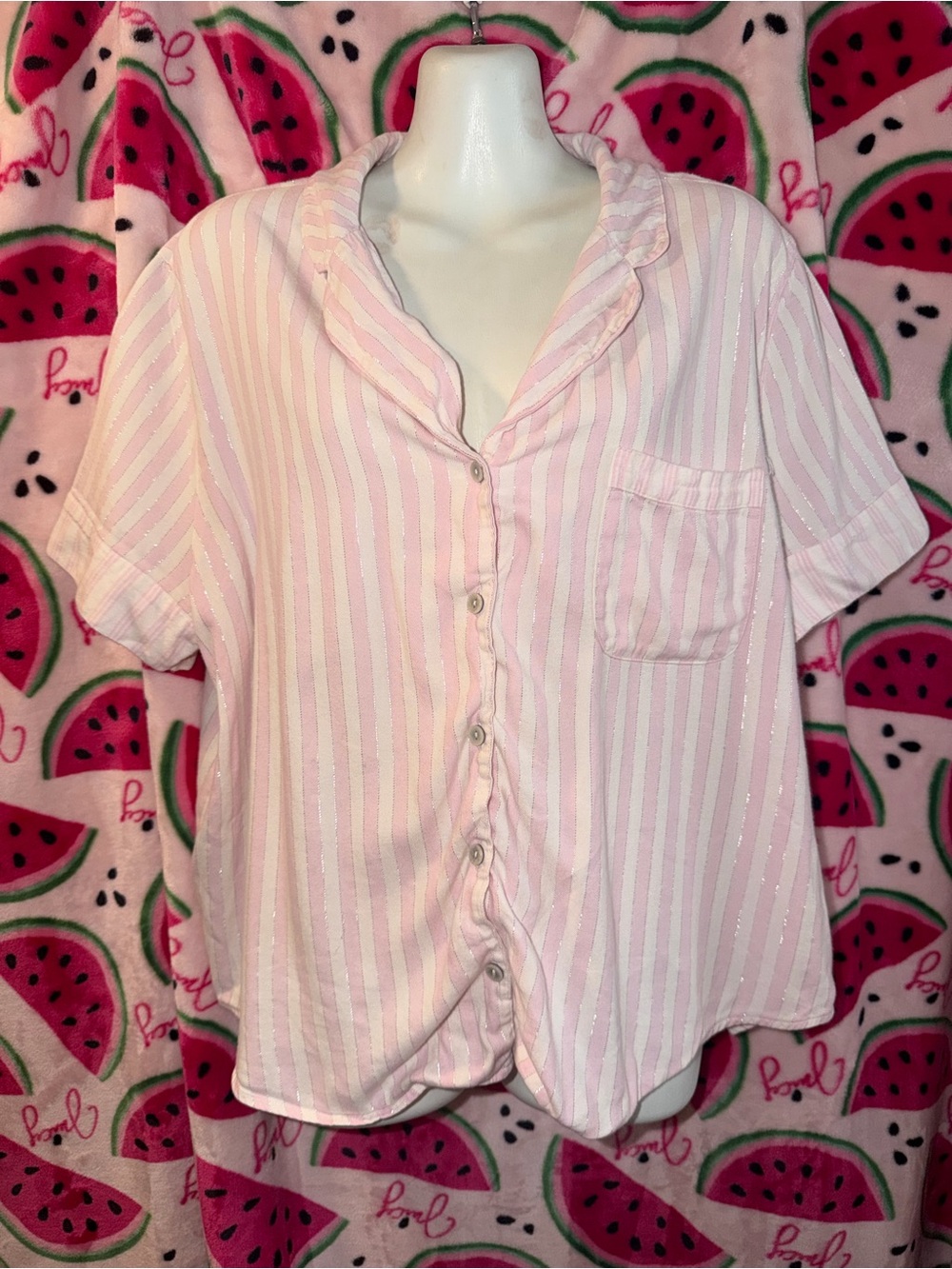 🩷🤍 Victoria's Secret Classic Striped Short-Sleeve Pajama Top